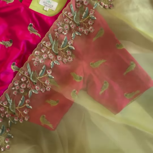 Peach Pink & Lime Green Embroidered Organza Suit Set