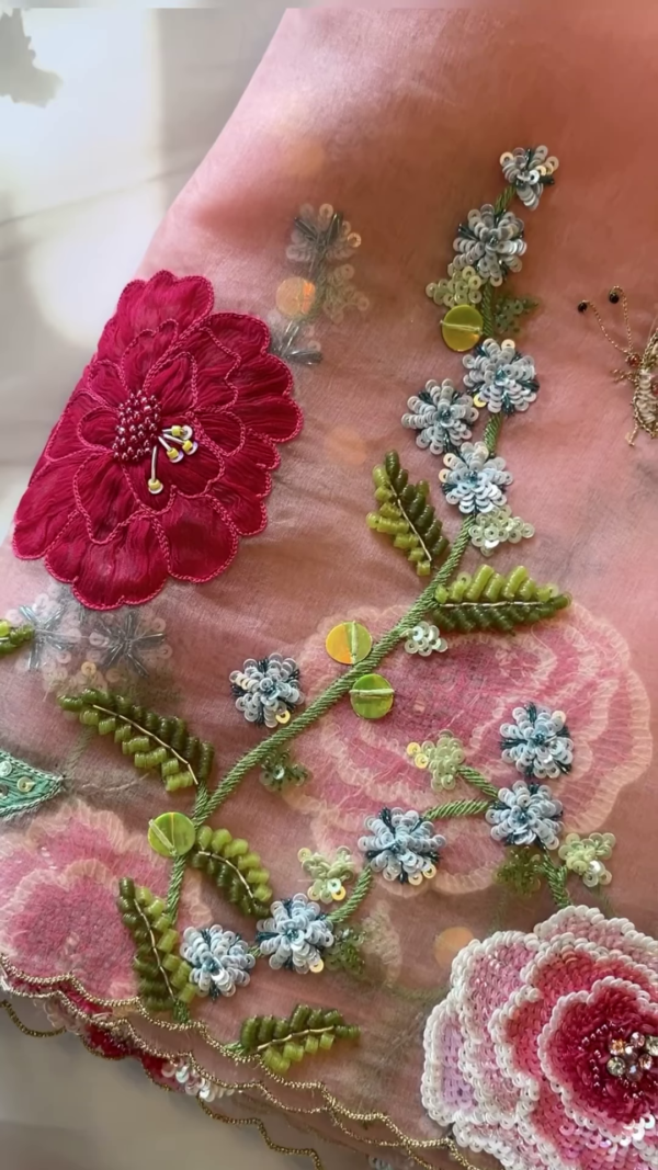 Olive Green Sequin Embroidered Blouse with Floral Net Dupatta - Image 2