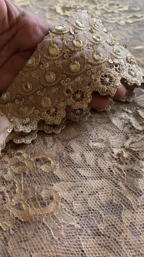 Champagne Gold Sequin Embroidered Lace Saree with Designer Blouse - Image 2