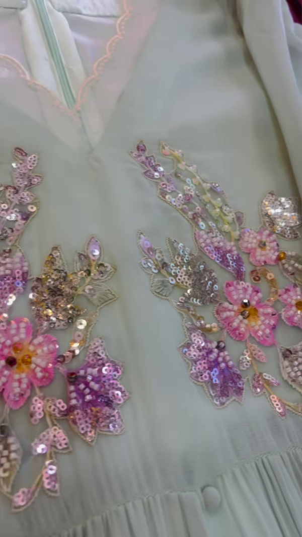 Mint Pleated Anarkali Kurta with Floral Embellishments - Image 2