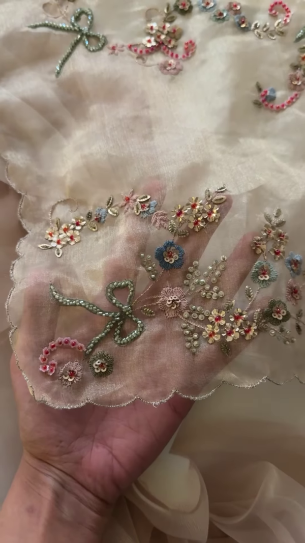 Ivory Floral Thread and Sequin Embroidered Unstitched Fabric - Image 3