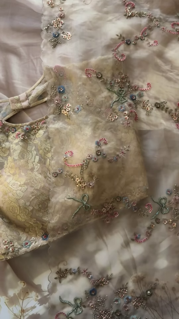Ivory Floral Thread and Sequin Embroidered Unstitched Fabric