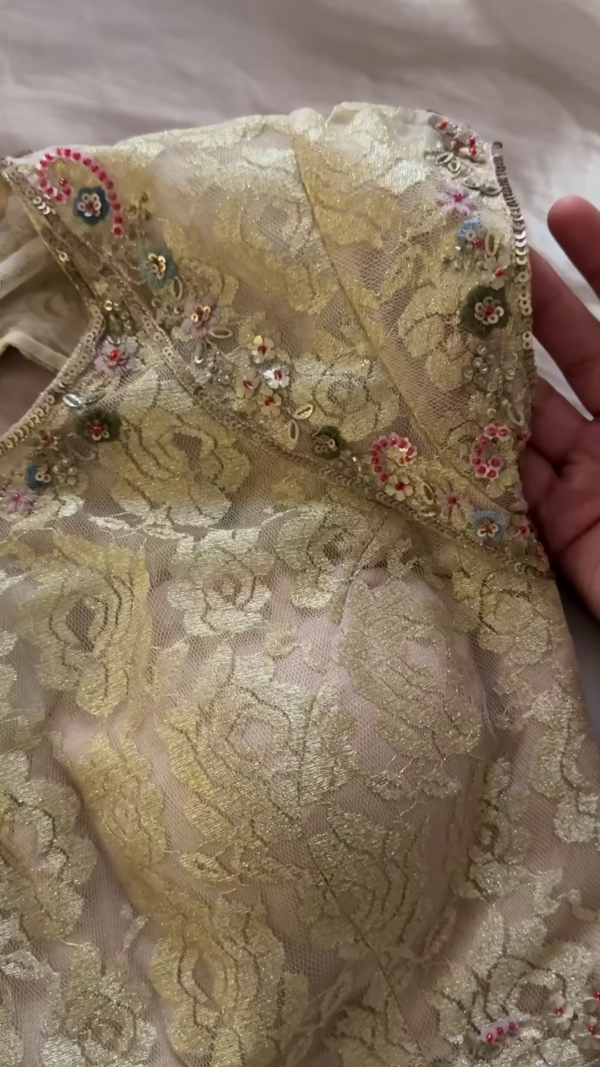 Ivory Floral Thread and Sequin Embroidered Unstitched Fabric - Image 2