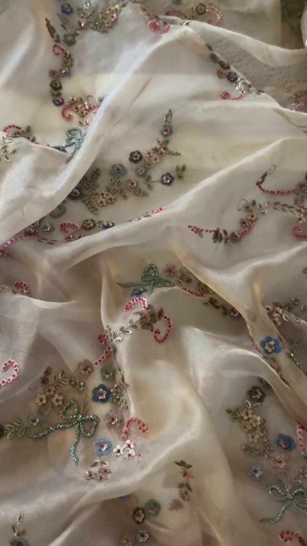Ivory Floral Thread and Sequin Embroidered Unstitched Fabric - Image 4