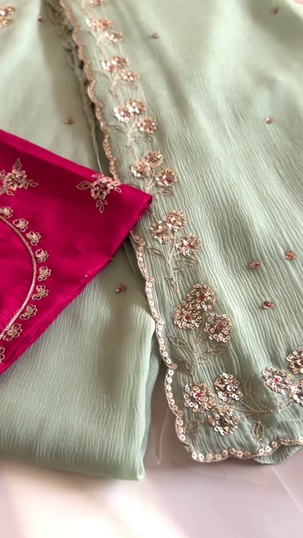 Sea Green Embellished Saree with Fuchsia Embroidered Blouse - Image 3