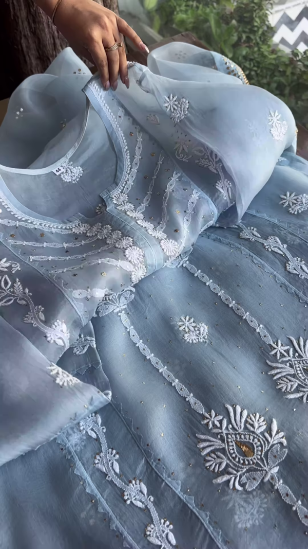 Sky Blue Chikankari and Mirror Work Unstitched Suit Set - Image 2