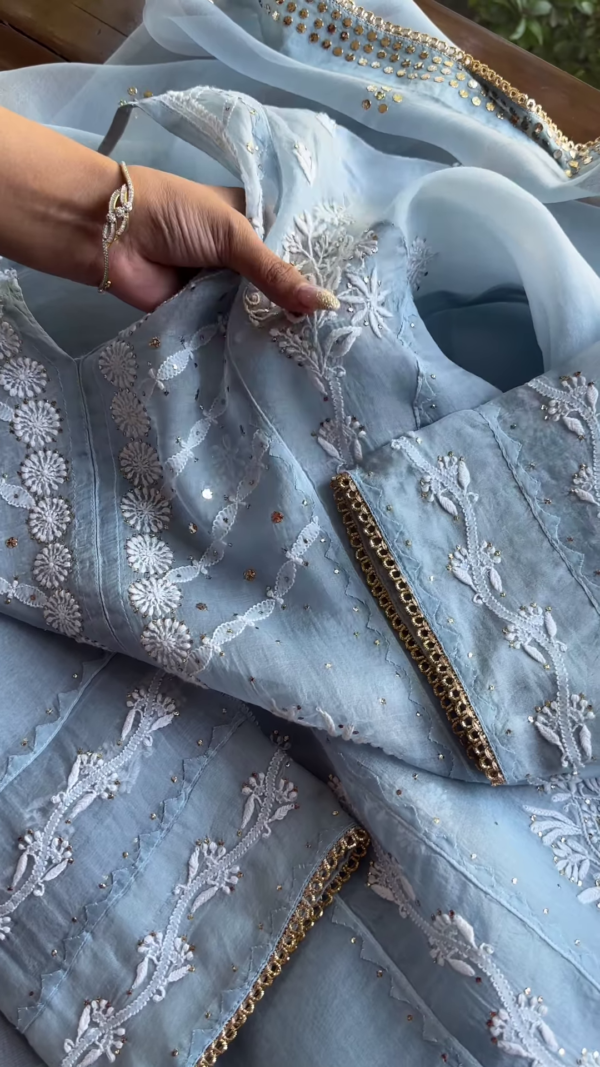 Sky Blue Chikankari and Mirror Work Unstitched Suit Set - Image 3