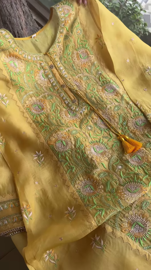Lemon Yellow Floral Embroidered Organza Unstitched Suit Set - Image 3
