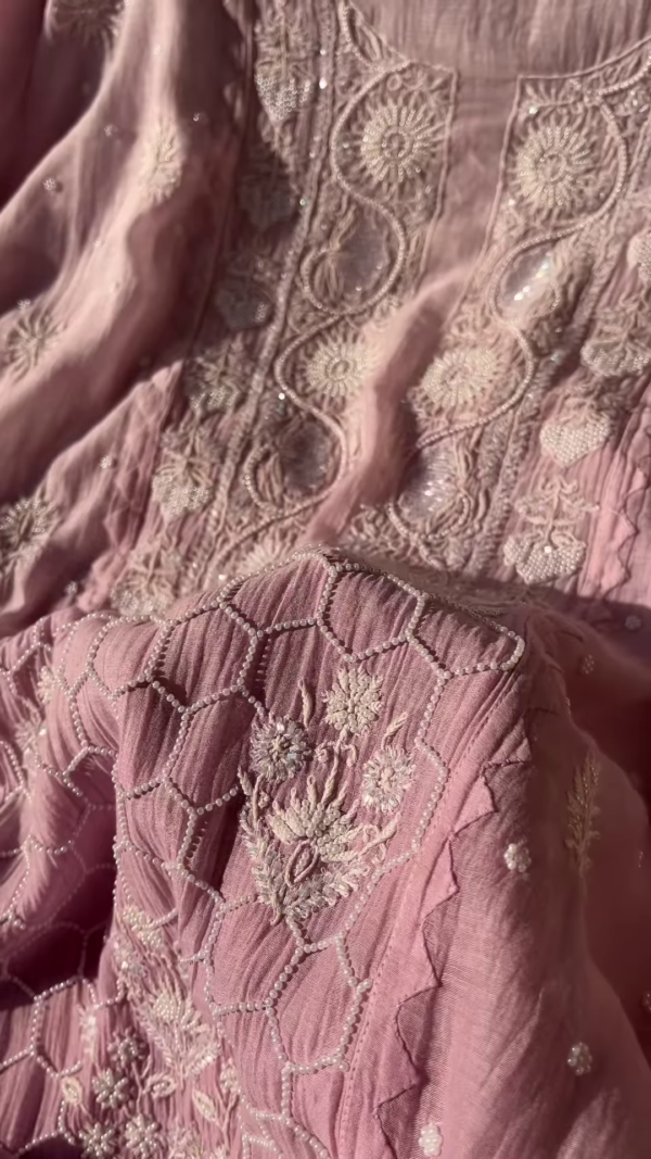 Tea Pink Embroidered Chikankari Unstitched Suit Fabric - Image 3