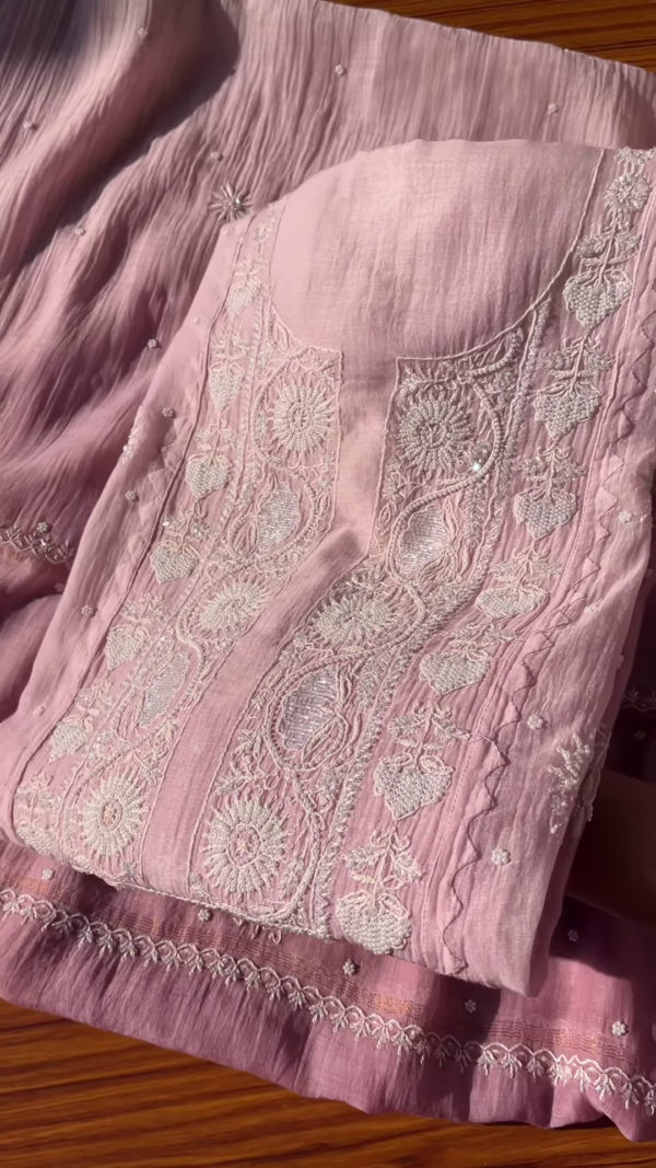 Tea Pink Embroidered Chikankari Unstitched Suit Fabric - Image 5