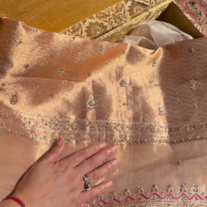 Golden Tissue Silk Handwork Saree Fabric