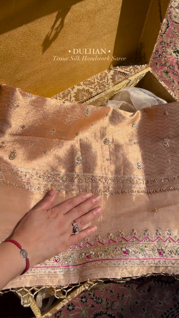 Golden Tissue Silk Handwork Saree Fabric