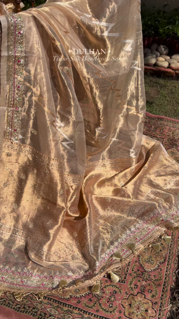Golden Tissue Silk Handwork Saree Fabric - Image 2