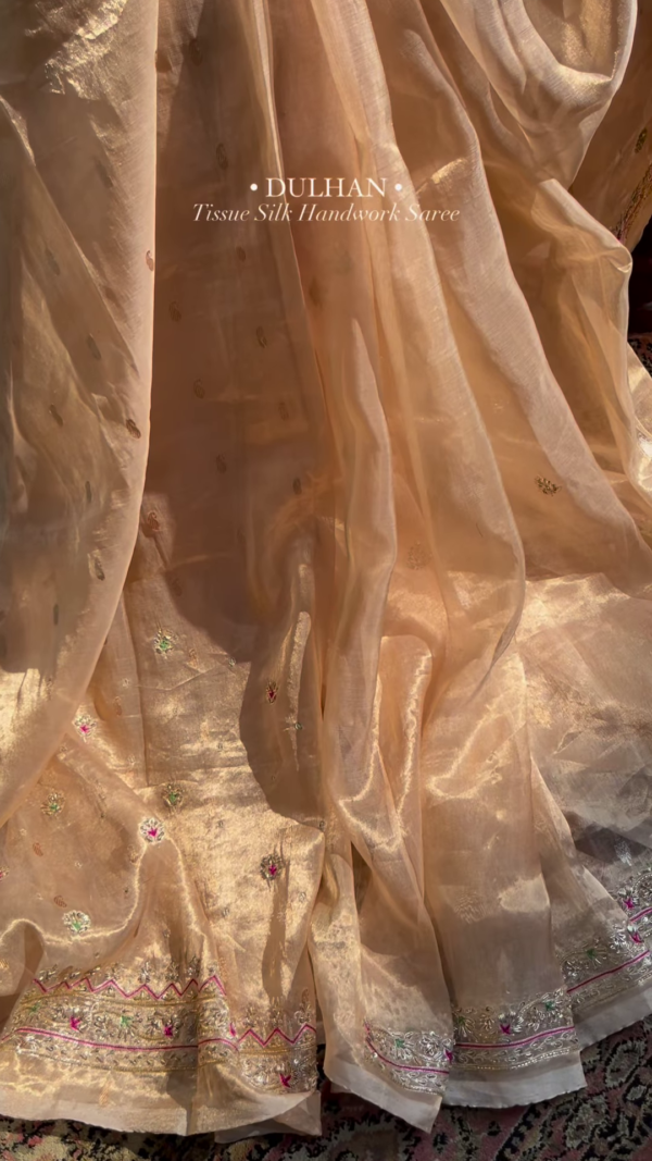 Golden Tissue Silk Handwork Saree Fabric - Image 5