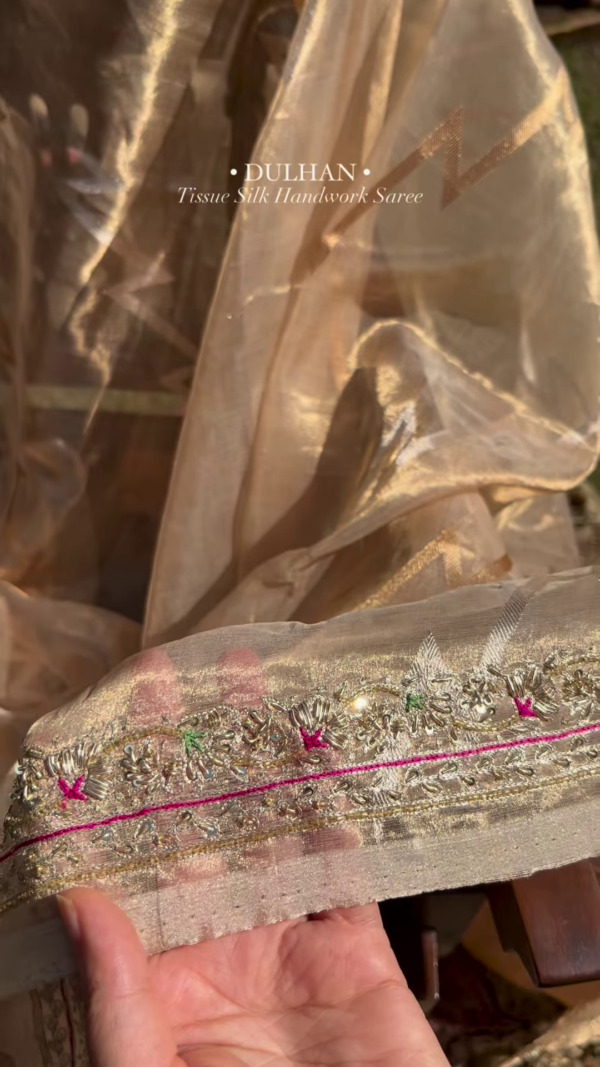 Golden Tissue Silk Handwork Saree Fabric - Image 4
