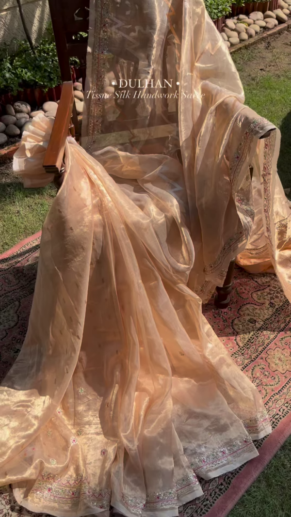 Golden Tissue Silk Handwork Saree Fabric - Image 3