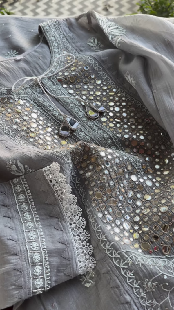 Grey Mirror Work Chikankari Unstitched Suit Set - Image 3