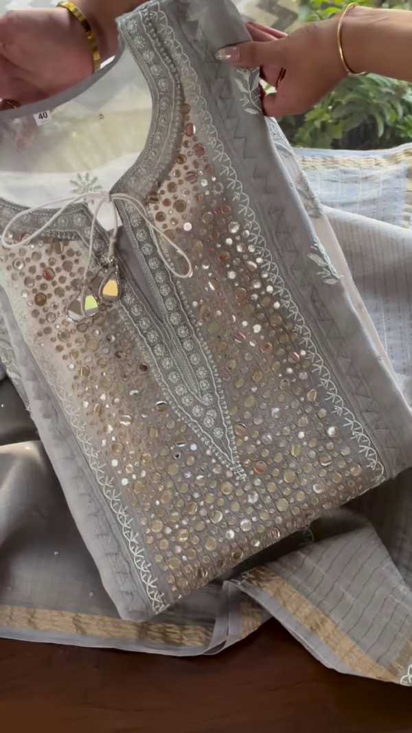 Grey Mirror Work Chikankari Unstitched Suit Set