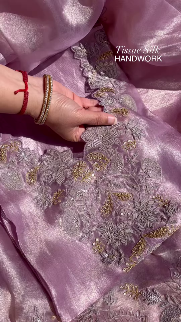 Lilac Tissue Silk Handwork Saree Fabric - Image 4