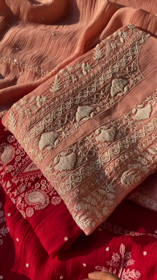Crimson Embroidered Chikankari Unstitched Suit Set - Image 5