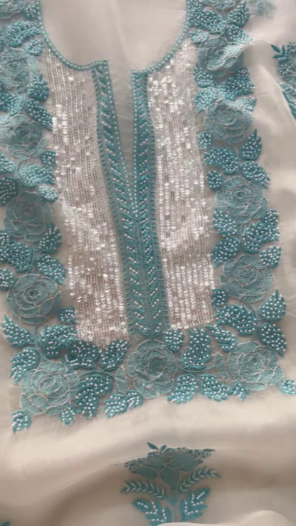 Off-White Embroidered Lawn Gala with Aqua Accents and Sequin Detail
