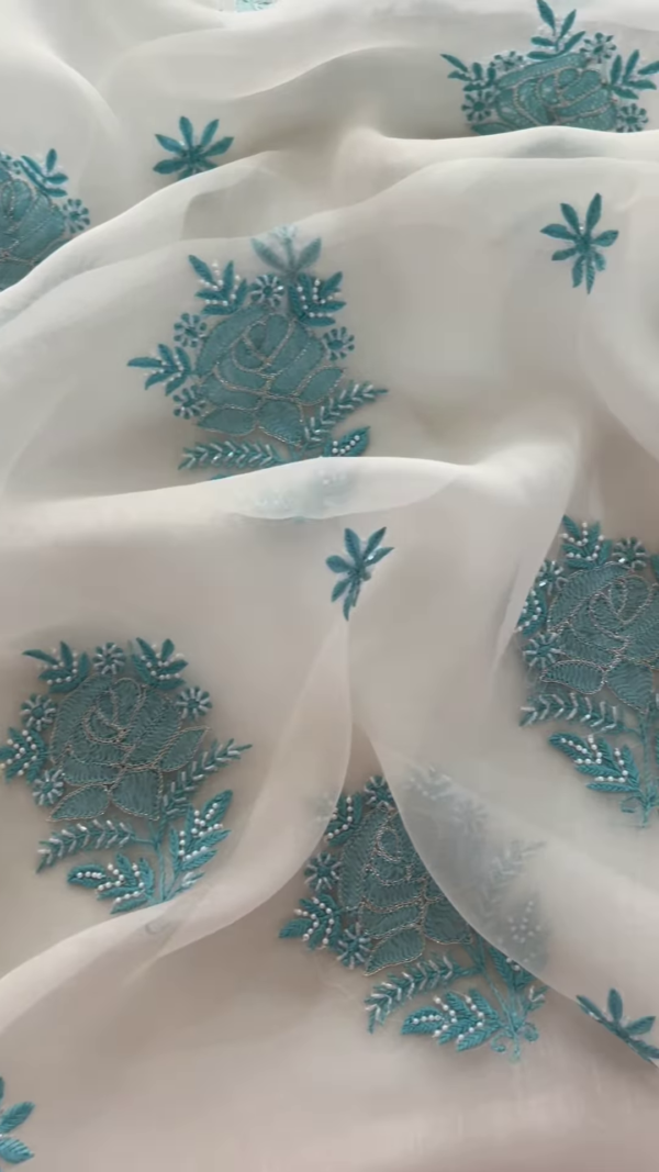 Off-White Embroidered Lawn Gala with Aqua Accents and Sequin Detail - Image 2