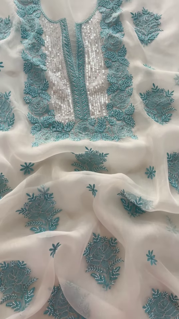 Off-White Embroidered Lawn Gala with Aqua Accents and Sequin Detail - Image 4