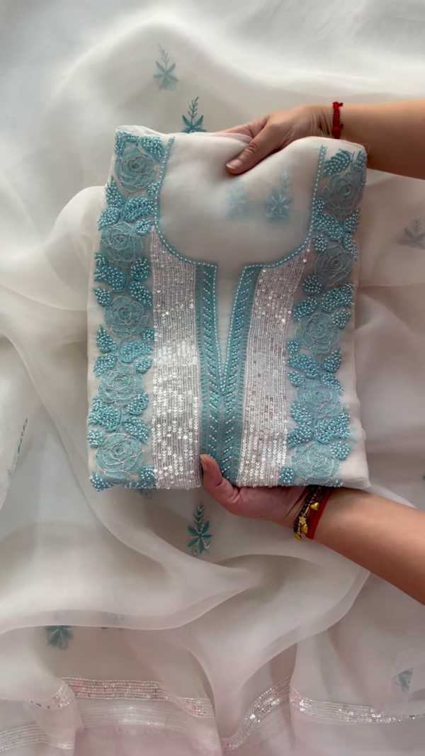 Off-White Embroidered Lawn Gala with Aqua Accents and Sequin Detail - Image 5