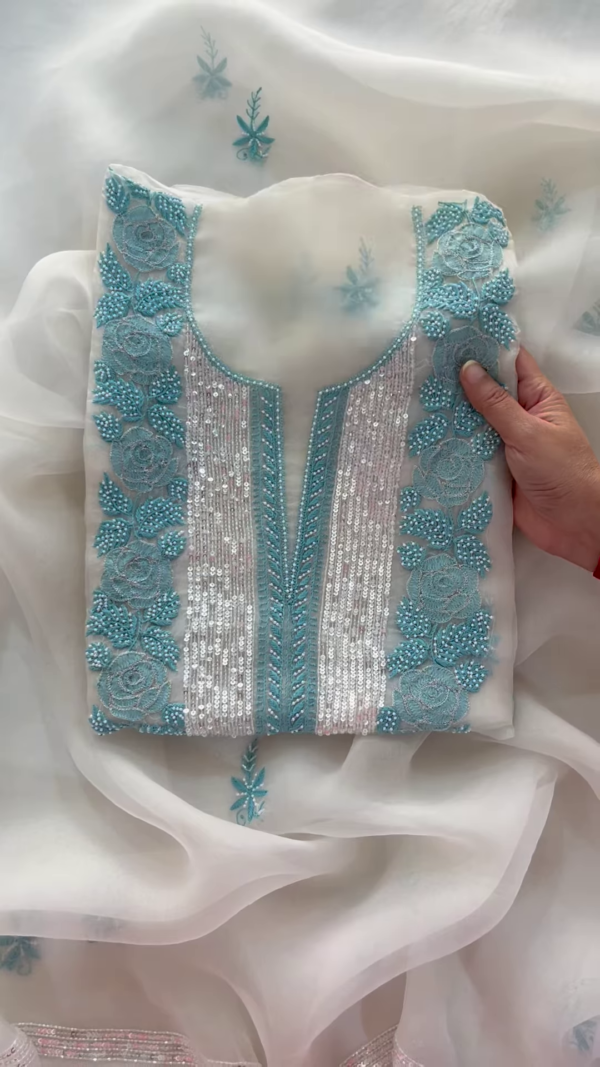 Off-White Embroidered Lawn Gala with Aqua Accents and Sequin Detail - Image 6