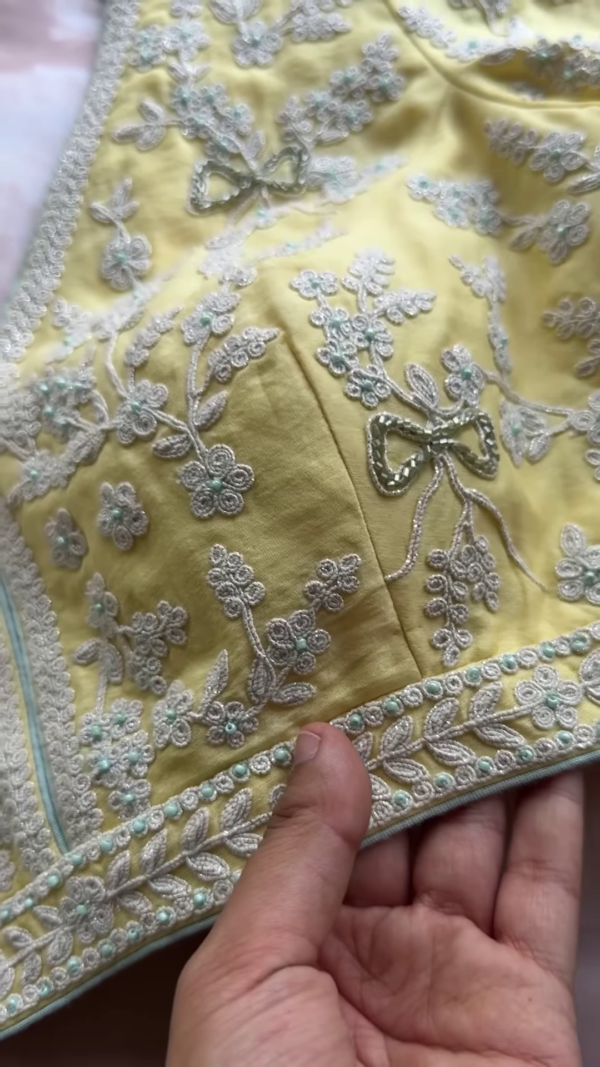 Lemon Yellow Floral Chikankari Embroidered Saree Fabric with Coordinating Blouse Piece - Image 3