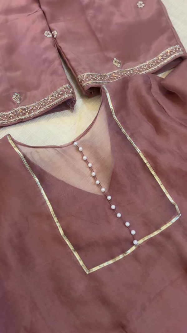 Dusty Rose Tissue Silk Unstitched Suit Set with Pearl and Zari Detail - Image 2