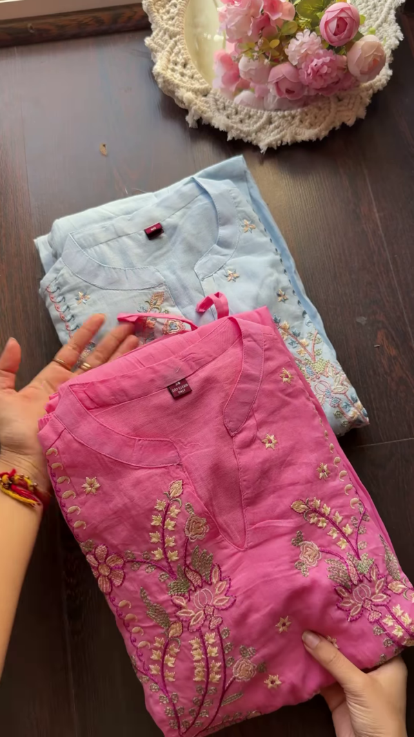 Pastel Embroidered Cotton Kurta Trio