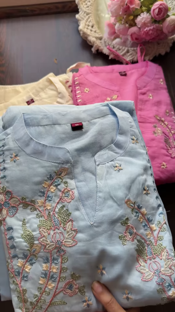 Pastel Embroidered Cotton Kurta Trio - Image 2