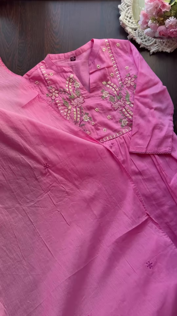 Pastel Embroidered Cotton Kurta Trio - Image 4