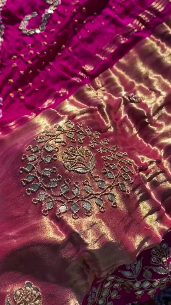Rani Pink Hand-Embroidered Tissue Silk Saree Fabric - Image 5