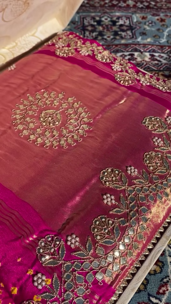 Rani Pink Hand-Embroidered Tissue Silk Saree Fabric - Image 4