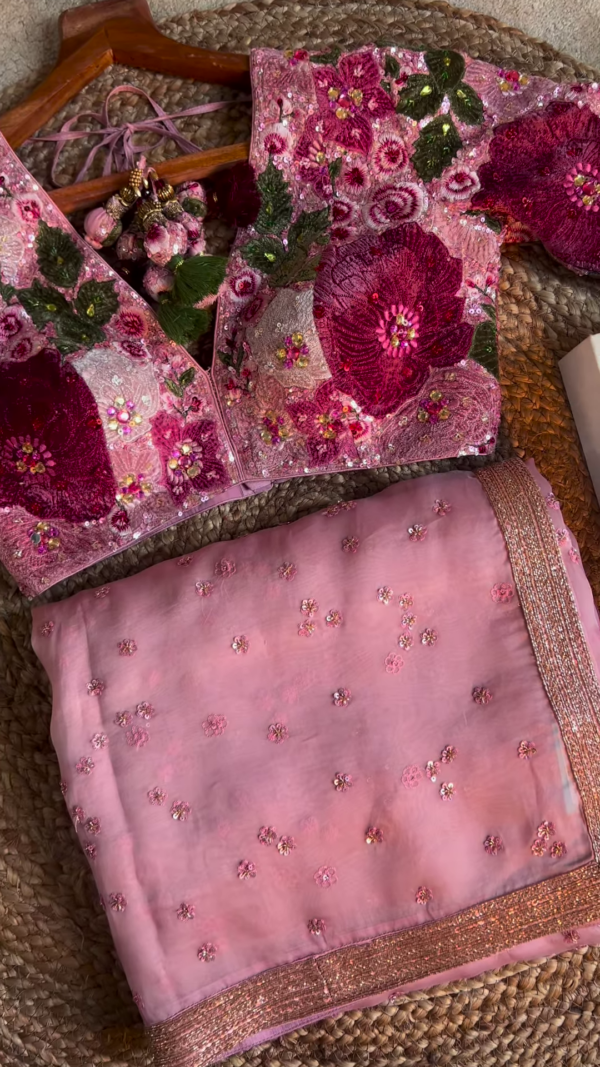 Dusty Rose Floral Sequin Embroidered Saree with Heavy Work Blouse