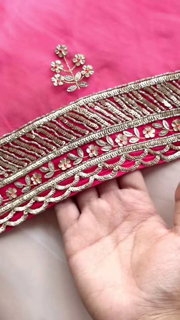 Rani Pink Floral Zari Embroidered Saree with Scalloped Blouse - Image 3