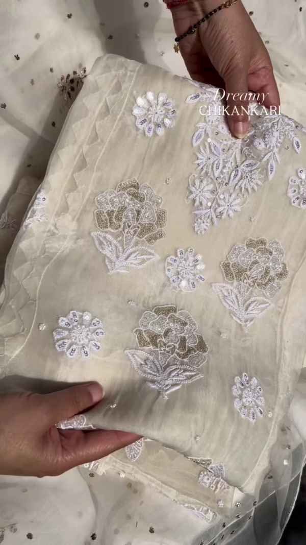 Off-White Silver Zari Chikankari Unstitched Suit Set - Image 6