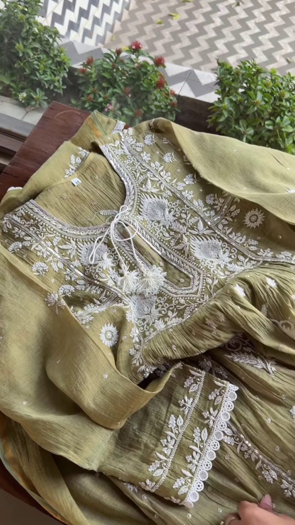 Olive Green Lucknowi Chikankari Unstitched Suit Set - Image 3